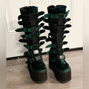 Demonia Emerald Green Velvet Trinity Swing 815 Platform Buckle Boots